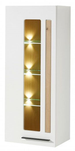 Vitrine suspendue en MDF, avec 1 porte et LED incluses Loftis Blanc / Chêne, l52xA37xH128 cm