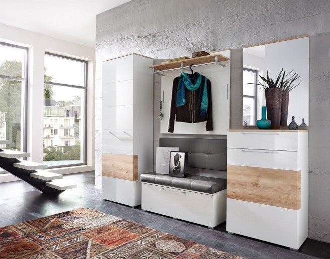 Meuble d'entrée en MDF, avec 1 porte et 1 tiroir, Renos Blanc / Hêtre, l65xA40xH102 cm