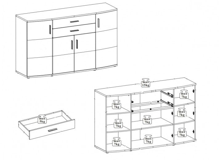 Commode en bois et MDF, avec 2 tiroirs et 4 portes Jenise Blanc / Gris, l171xA50xH102 cm