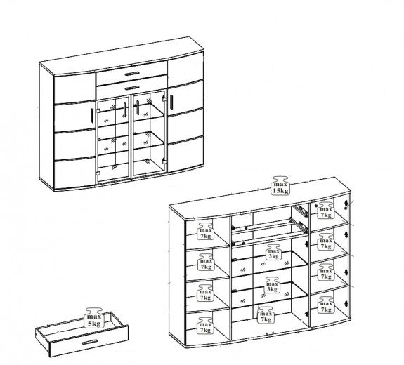 Vitrine en aggloméré et MDF, avec 4 portes et 2 tiroirs Jenise Blanc / Gris, l171xA44xH134 cm