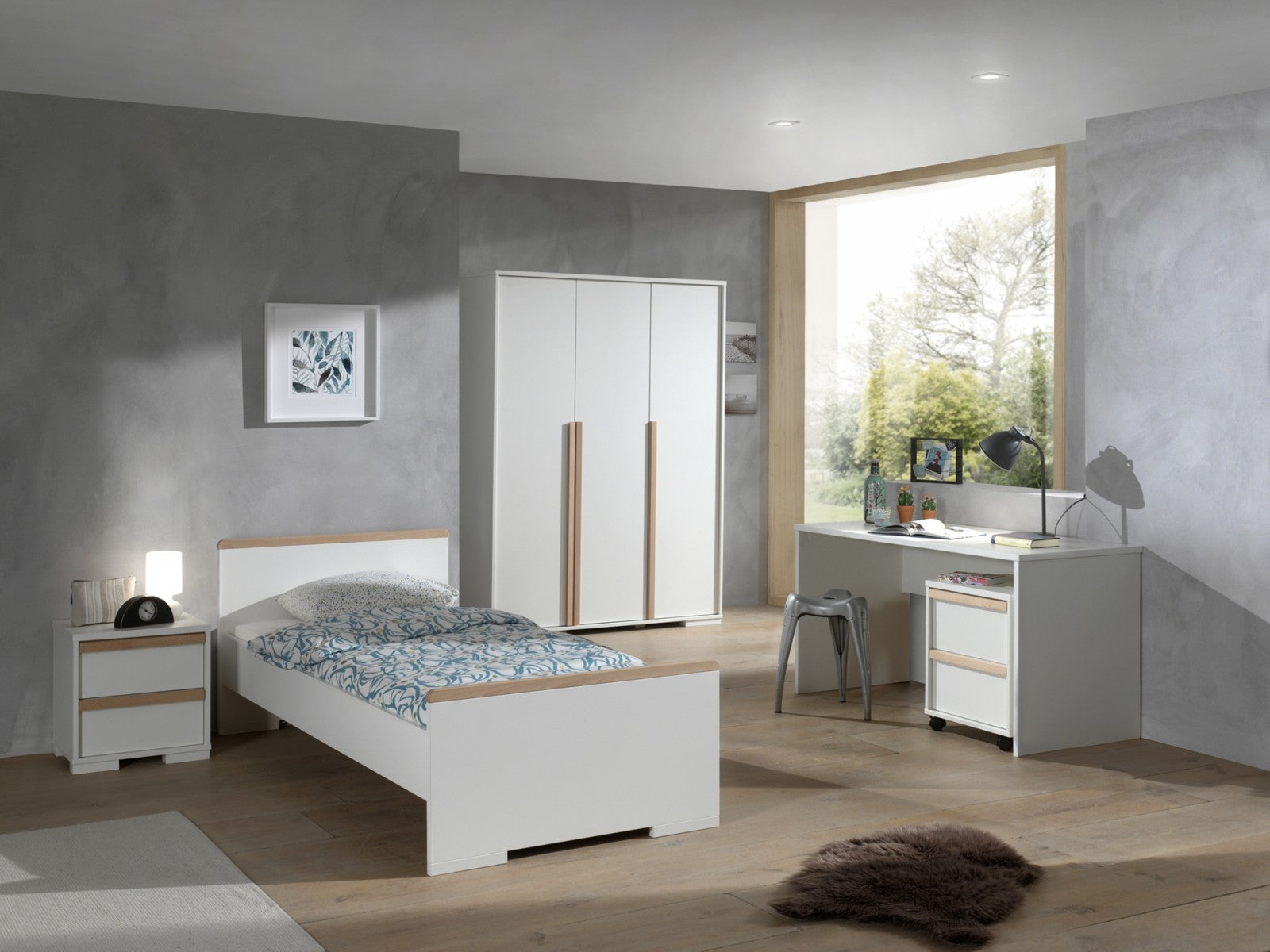 Ensemble de meubles de chambre à coucher, pour les enfants 5 pièces London Blanc / Natural, 200 x 90 cm