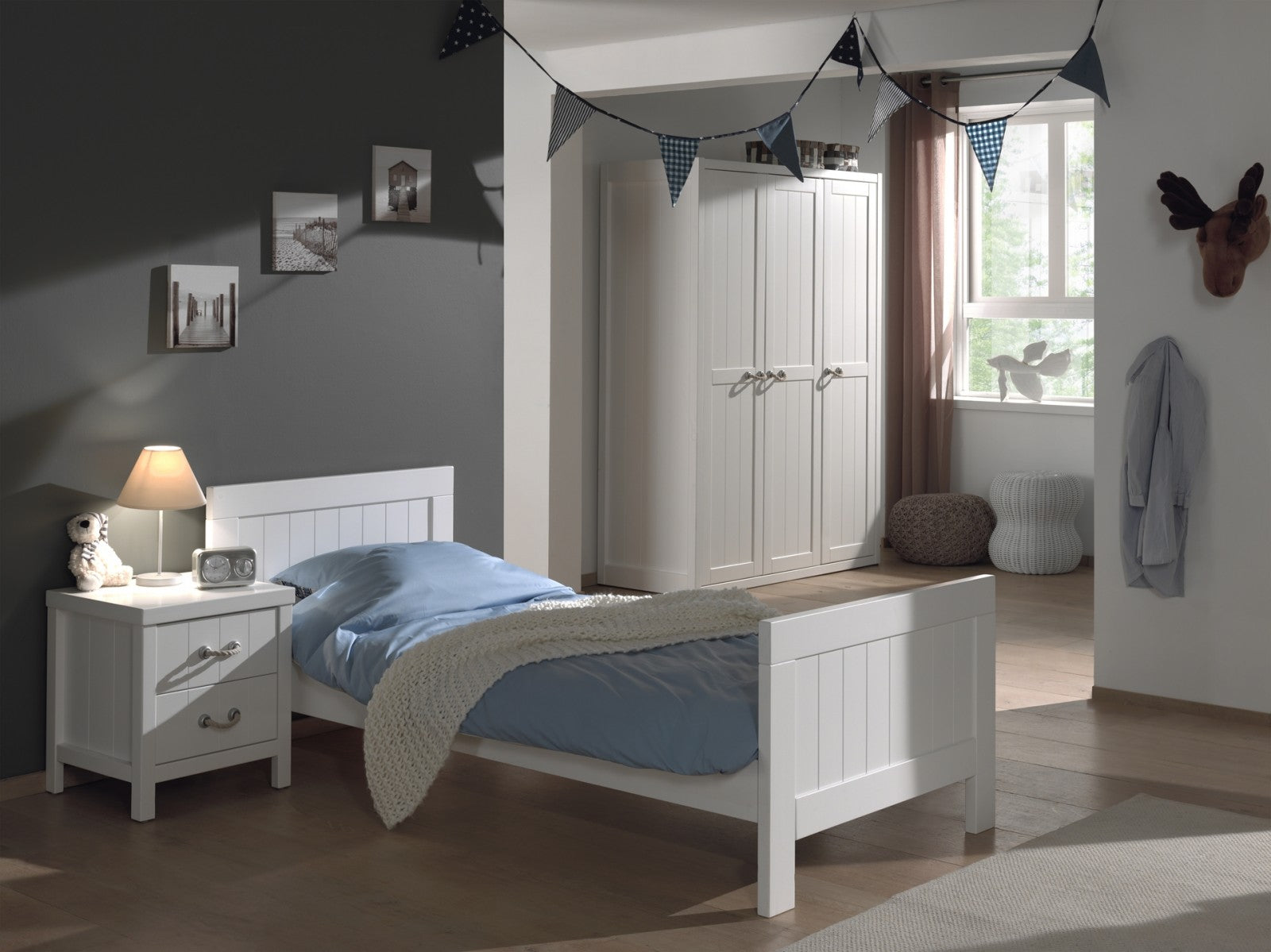 Ensemble de meubles de chambre à coucher et MDF, pour les enfants 3 pièces White Lewis, 200 x 90 cm