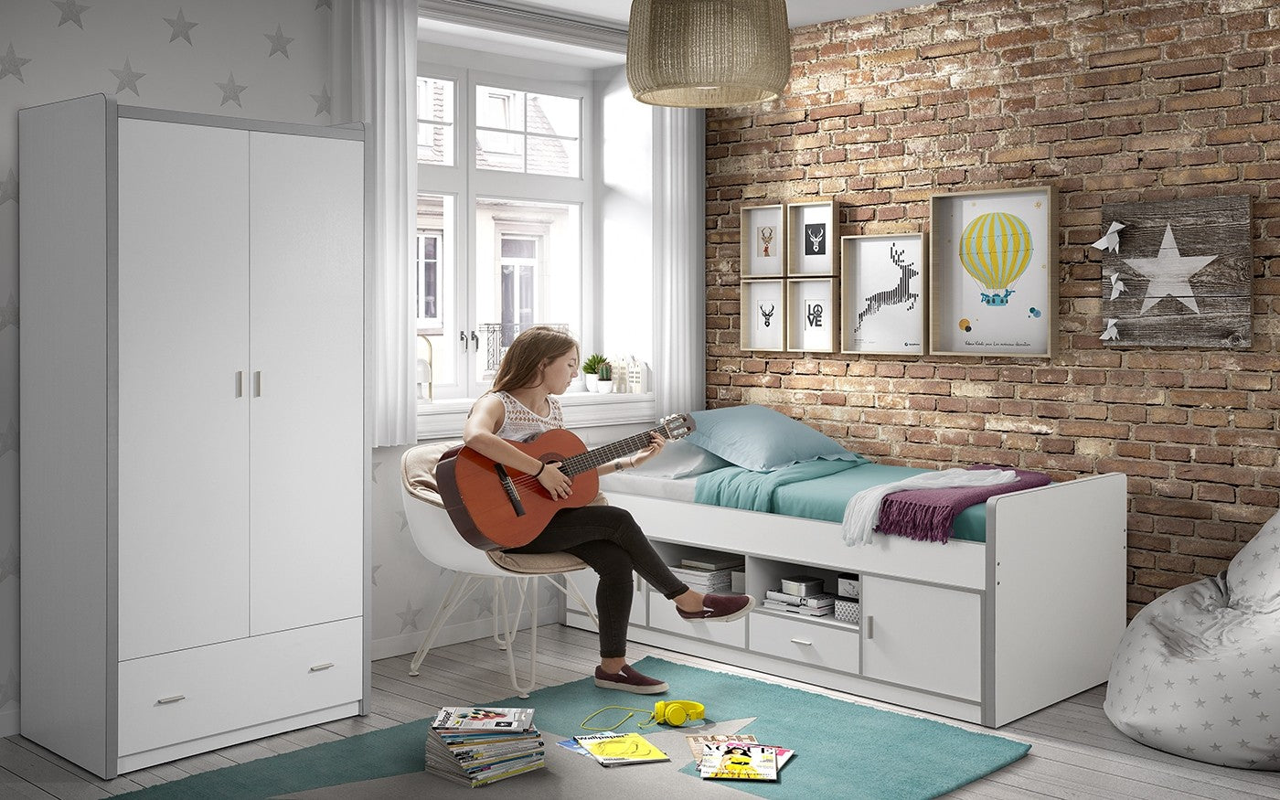 Ensemble de meubles de chambre à coucher, pour les enfants 2 pièces Bonny Captain White, 200 x 90 cm