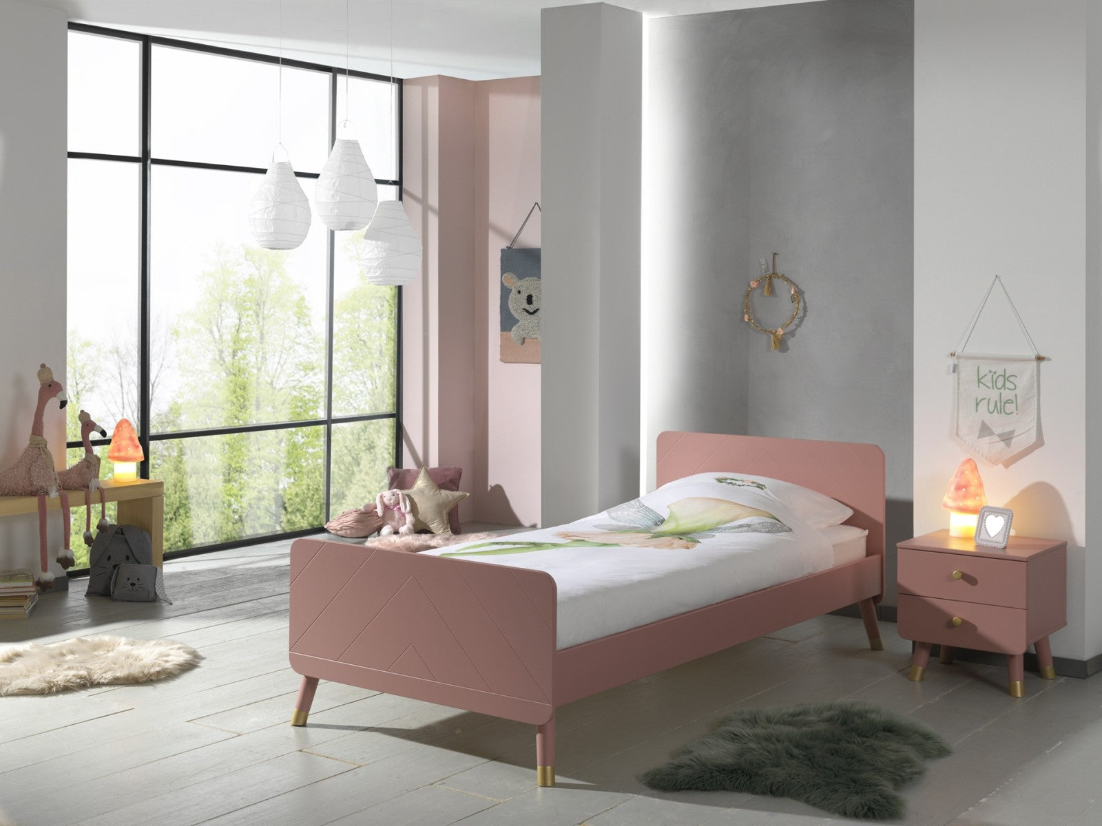 Ensemble de meubles de chambre à coucher de PAL et MDF, pour les enfants 2 pièces Billy Pink, 200 x 90 cm