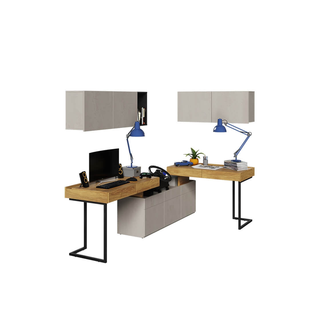 Ensemble de mobilier de bureau en bois, pour enfants et jeunes, 6 pièces, Teen Flex Set 08B Small, Naturel / Gris / Noir