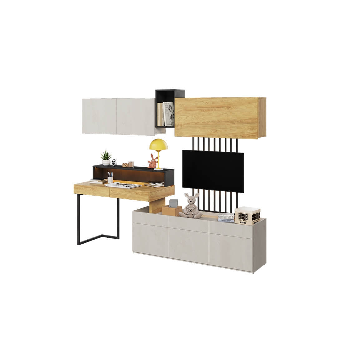 Ensemble de mobilier de bureau en bois, pour enfants et jeunes, 7 pièces, Teen Flex Set 02 Small, Naturel / Gris / Noir
