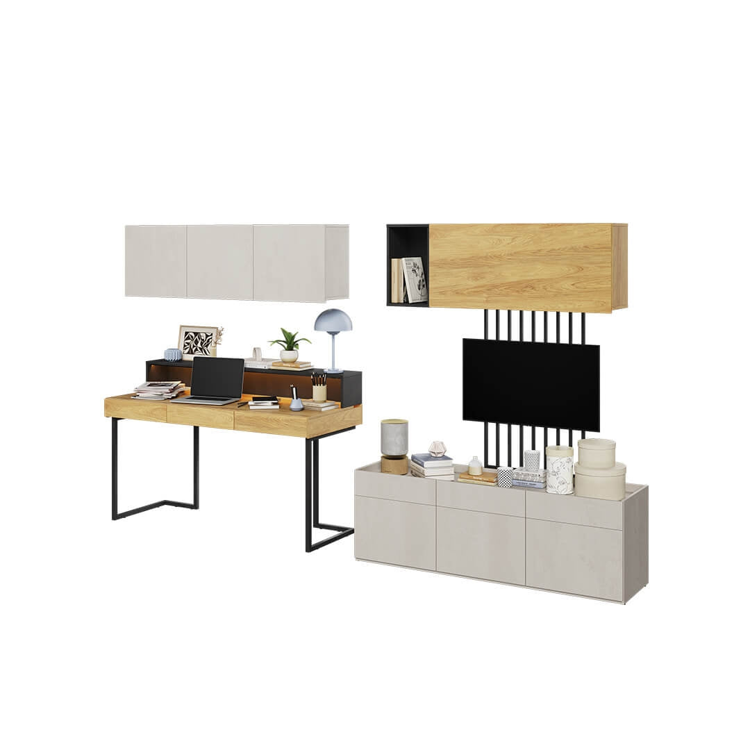 Ensemble de mobilier de bureau en bois, pour enfants et jeunes, 7 pièces, Teen Flex Set 09A Simple, Naturel / Gris / Noir