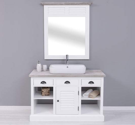 Ensemble de meubles pour la salle de bain, bois de sapin, 4 pièces, Pasy PS666 + PS670, blanc peint en blanc P004 / gris antichisé P067