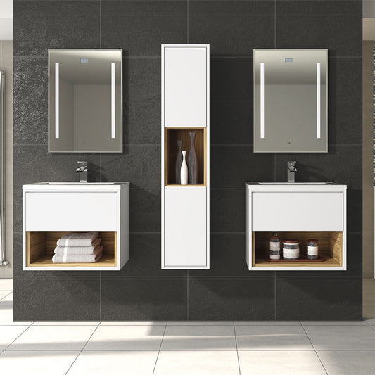 Ensemble de meubles de salle de bain en MDF, Asteny, Blanc 140 cm, 7 pièces