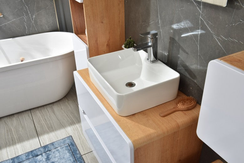 Ensemble de meubles de salle de bain en MDF, Quality, Blanc / Chêne, 80 cm, 7 pièces