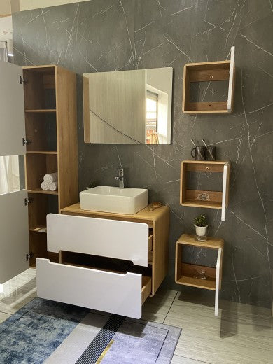 Ensemble de meubles de salle de bain en MDF, Quality, Blanc / Chêne, 80 cm, 7 pièces