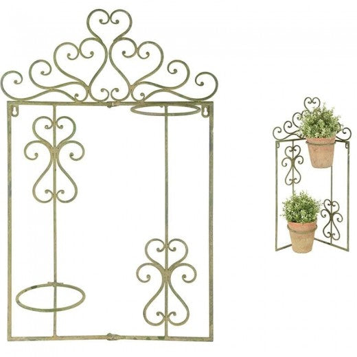 Support mural pour 2 pots, métal, Fleur Vert Antique, L42,3xl14,4xH68,6 cm