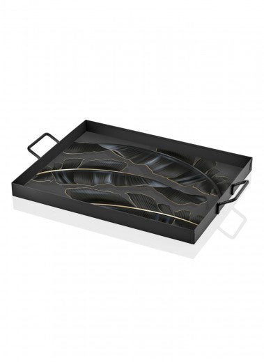 Plateau de service en métal, Noir Leaf, L40xl40xH3 cm