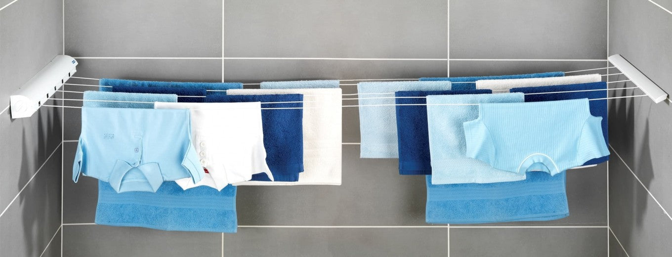 Sèche-linge escamotable mural avec 5 cordes, cadre en métal, Wall Lines Blanc, 21 m