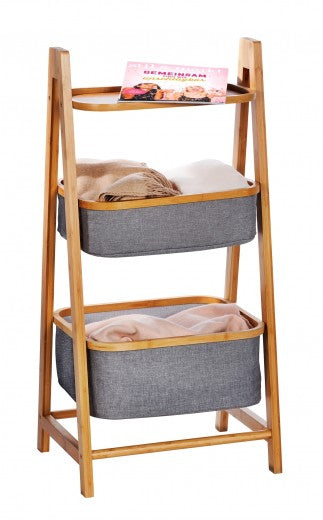 Support avec étagère et 2 paniers de rangement, en bambou et polyester, Bahari Naturel / Gris, l44xA34xH91 cm