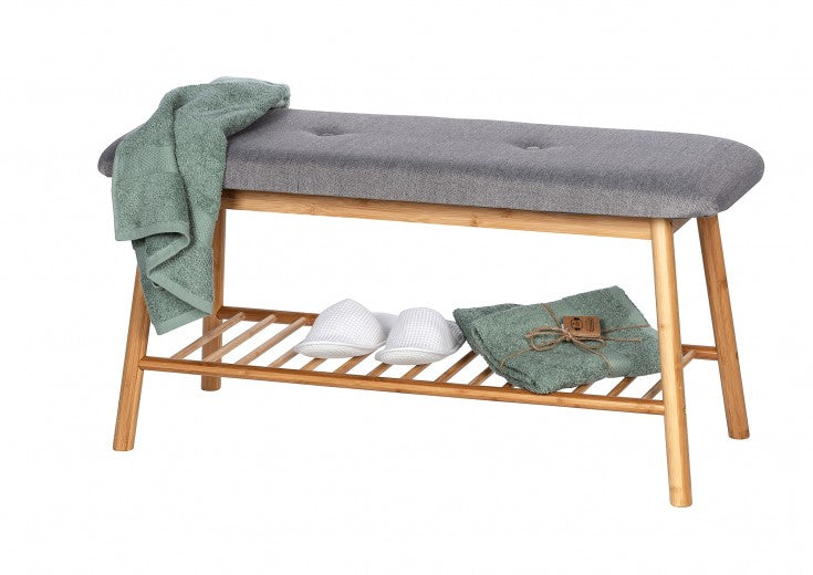 Banc rembourré avec tissu et pieds en bambou, avec porte-chaussures, Bahari Naturel / Gris, l90xA34xH45 cm