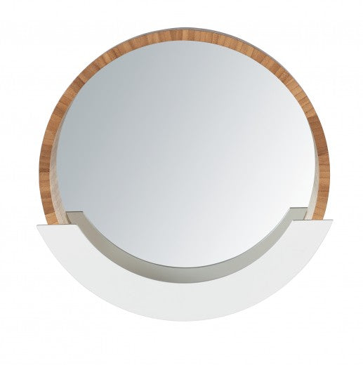 Miroir de salle de bain avec étagère, avec cadre en bambou et MDF, Finja Naturel / Blanc, Ø39xA9,5xH38 cm