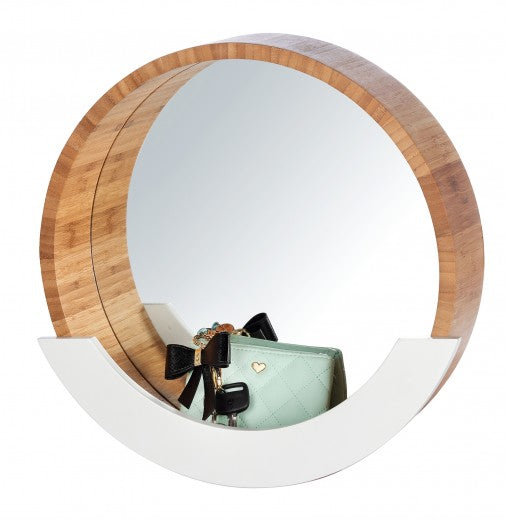 Miroir de salle de bain avec étagère, avec cadre en bambou et MDF, Finja Naturel / Blanc, Ø39xA9,5xH38 cm