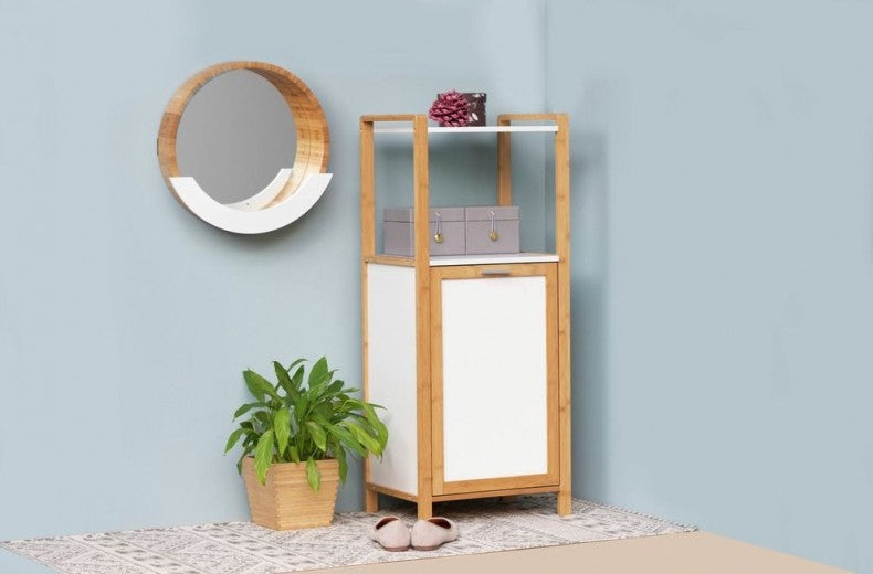 Miroir de salle de bain avec étagère, avec cadre en bambou et MDF, Finja Naturel / Blanc, Ø39xA9,5xH38 cm