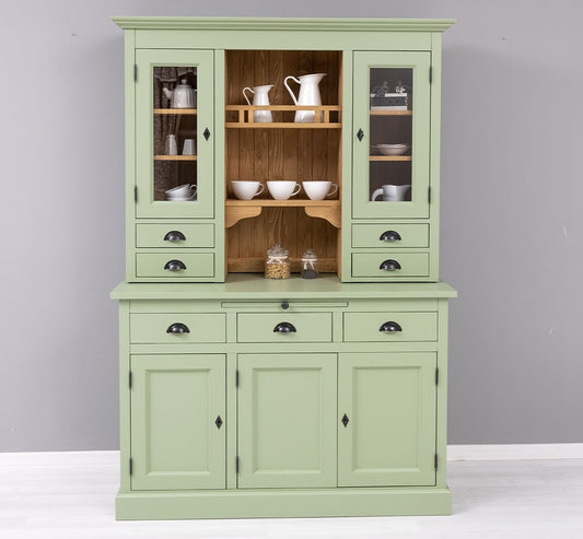 Vitrine avec 7 tiroirs et 5 portes, bois de sapin, Pasy PS232bas + Sup, Olive Green Paint P054 / P002, L138XA50X197 CM