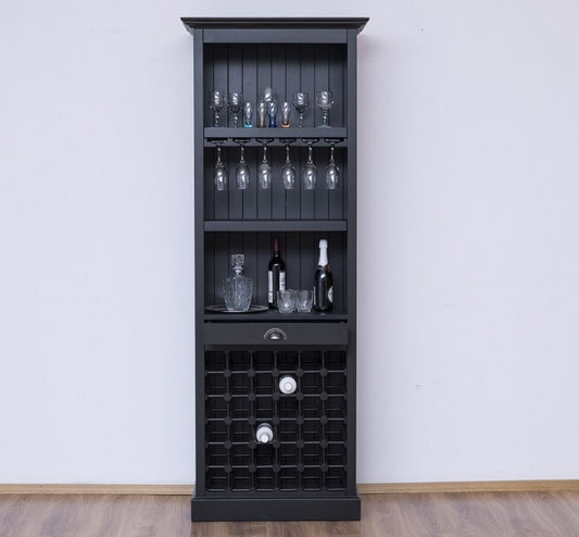 Salon en bois de sapin avec 1 tiroir, bouteille et support de verres, Pasy PS262, noir peint P003, L78XA41XH210 CM