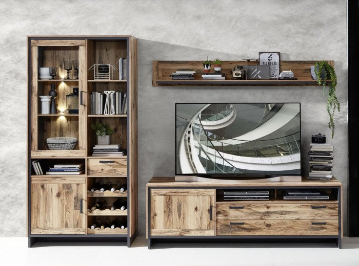 Commode en bois, avec 2 tiroirs et 1 porte Pato Large Naturel / Graphite, l184xA45xH61 cm