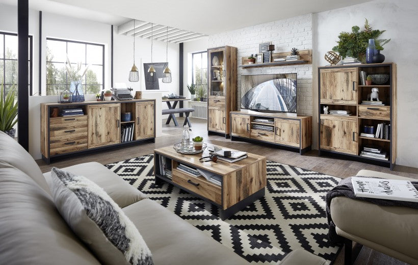 Commode TV en bois, avec 1 tiroir et 2 portes Pato Naturel / Graphite, l155xA45xH61 cm