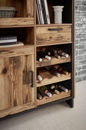 Vitrine palette avec 1 tiroir, 2 portes et LED inclus Pato Large Naturel / Graphite, l100xA38xH203 cm