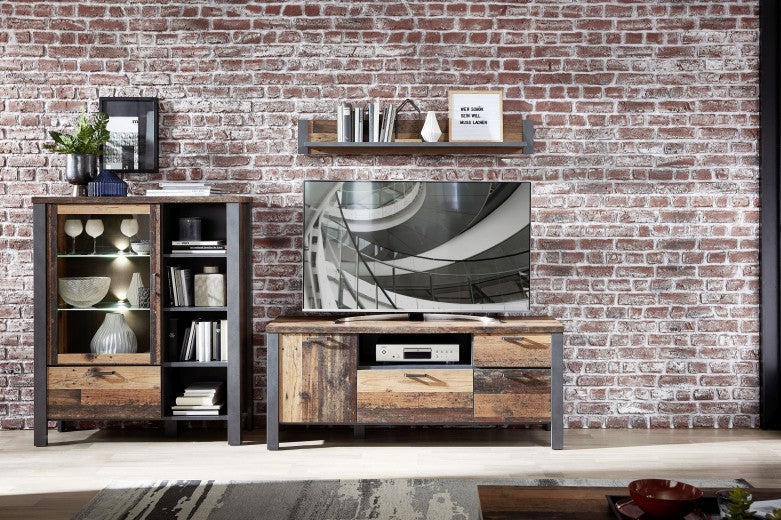 Commode TV en palette, avec 3 tiroirs et 1 porte Chelsea Naturel / Graphite, l154xA50xH62 cm