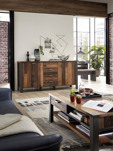 Commode, avec 4 tiroirs et 2 portes Chelsea Naturel / Graphite, l179xA44xH88 cm