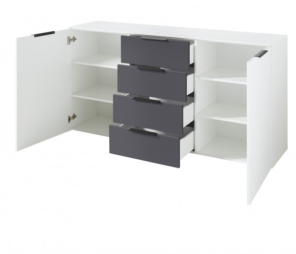 Commode en aggloméré et MDF avec 4 tiroirs et 2 portes, Madeline Blanc / Graphite, l180xA44xH90 cm