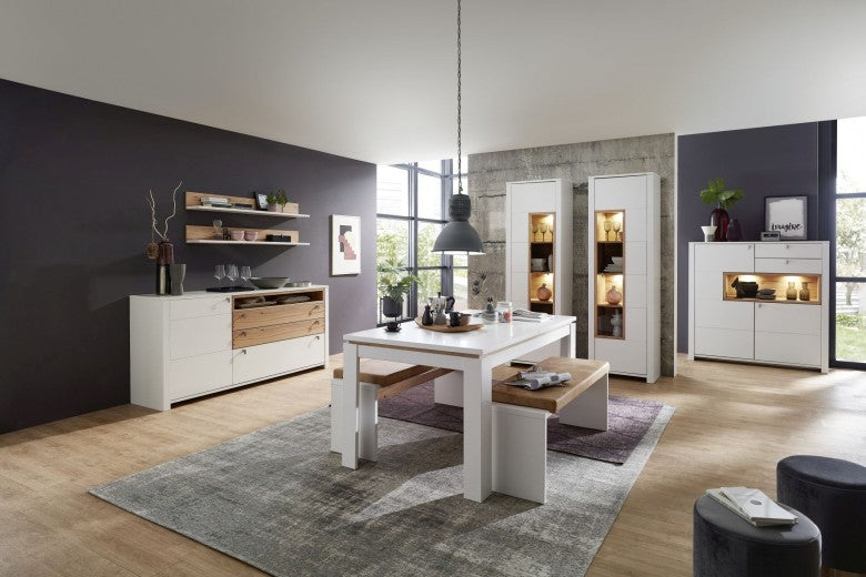 Vitrine en bois et MDF avec 1 porte, Selina Blanc / Naturel, l62xA41xH202 cm