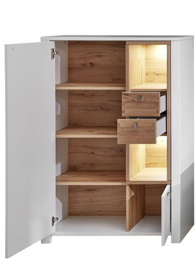 Vitrine en bois et MDF avec 2 tiroirs et 2 portes, Selina Blanc / Naturel, l92xA41xH138 cm